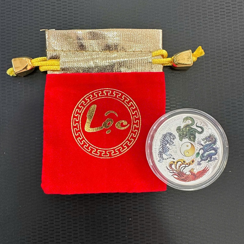 BÁN SỈ ĐỒNG XU PHONG THỦY TỨ LINH MÀU – KÈM TÚI GẤM CHỮ LỘC SANG TRỌNG