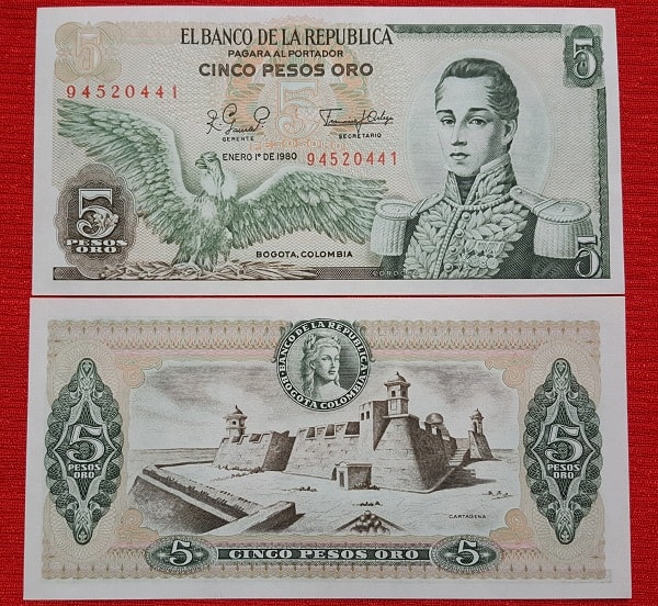 Colombia 5 cinco pesos 1977