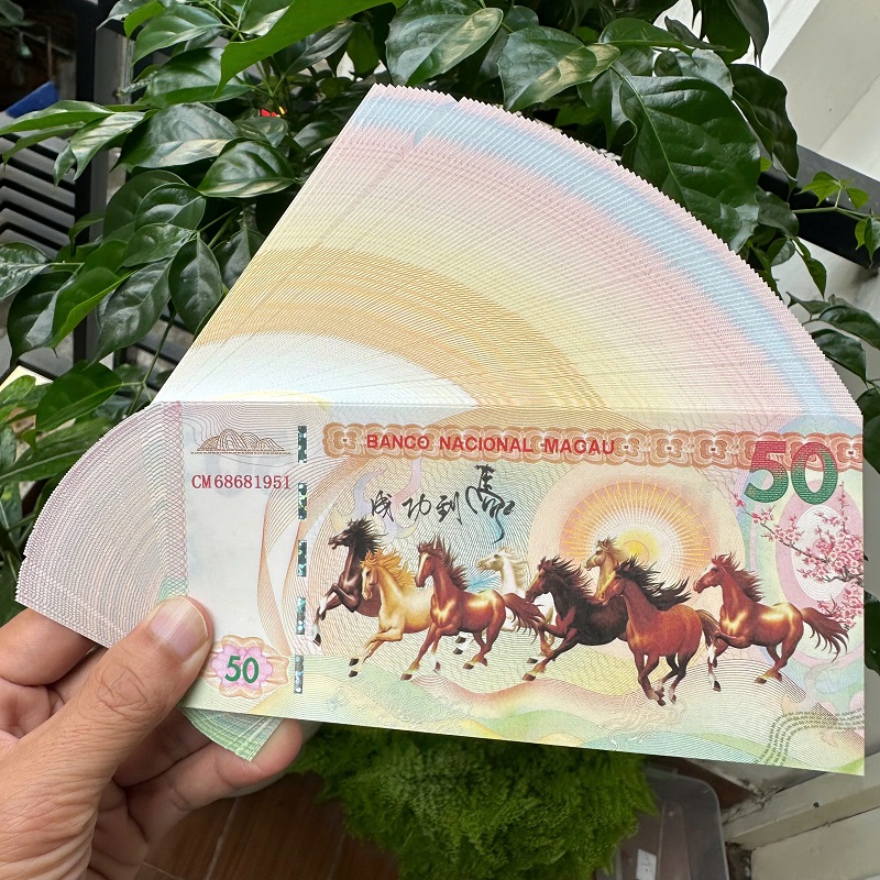 Sỉ 100 Tờ Tiền Macao 50 Patacas Hình Ngựa Lì Xì Tết Bính Ngọ 2026 – Mã Đáo Thành Công